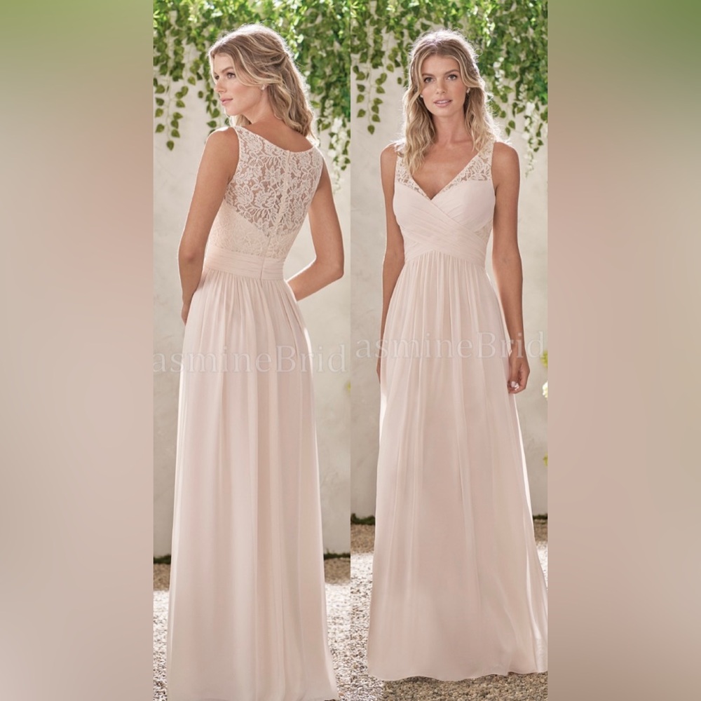 B2 Jasmine B193001 Long V-neck Lace & Poly Chiffon Bridesmaid Dress